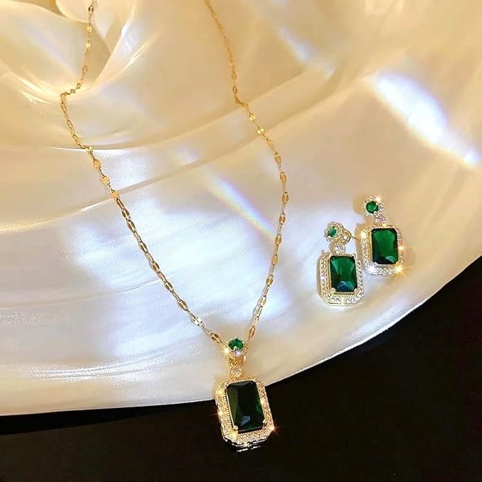 Sivara Fashion Emerald & Gold Titanium Steel Diamond Square Earrings and Necklace Set