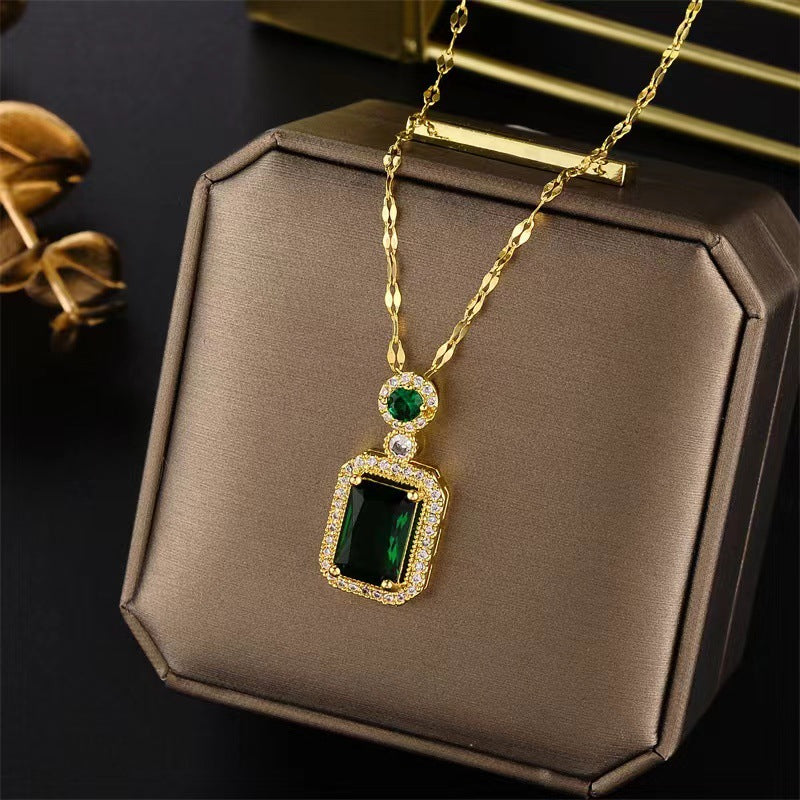 Sivara Fashion Emerald & Gold Titanium Steel Diamond Square Earrings and Necklace Set