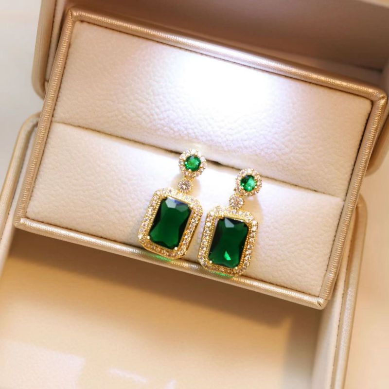 Sivara Fashion Emerald & Gold Titanium Steel Diamond Square Earrings and Necklace Set