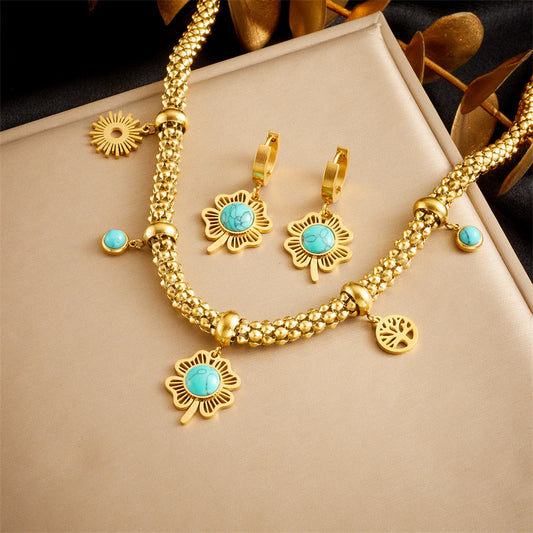 Sivara Gold Turquoise Four-Leaf Flower Pendant Necklace & Earring Set