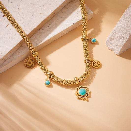 Sivara Gold Turquoise Four-Leaf Flower Pendant Necklace & Earring Set