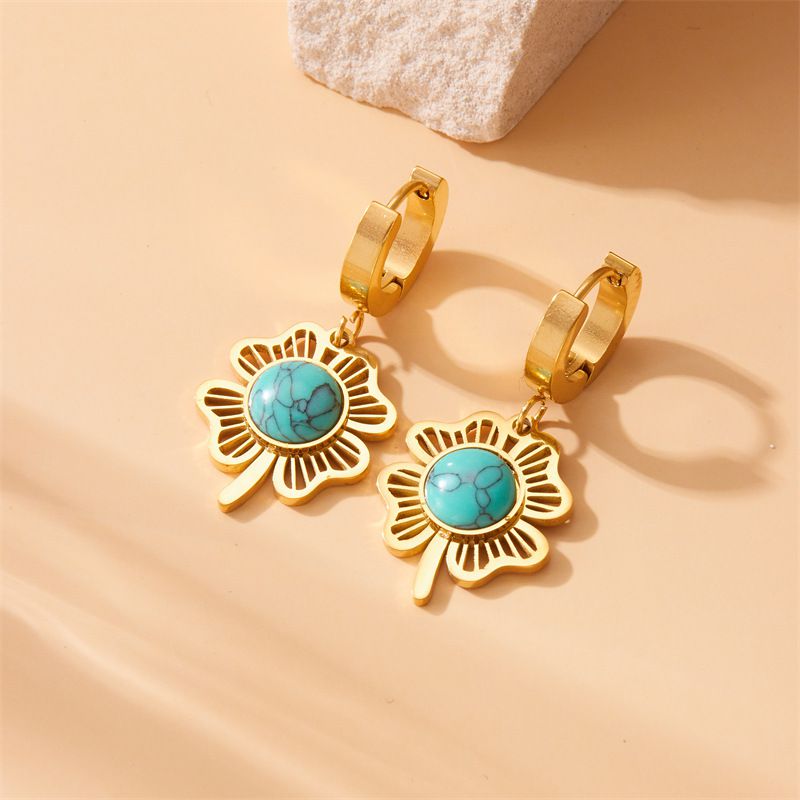 Sivara Gold Turquoise Four-Leaf Flower Pendant Necklace & Earring Set