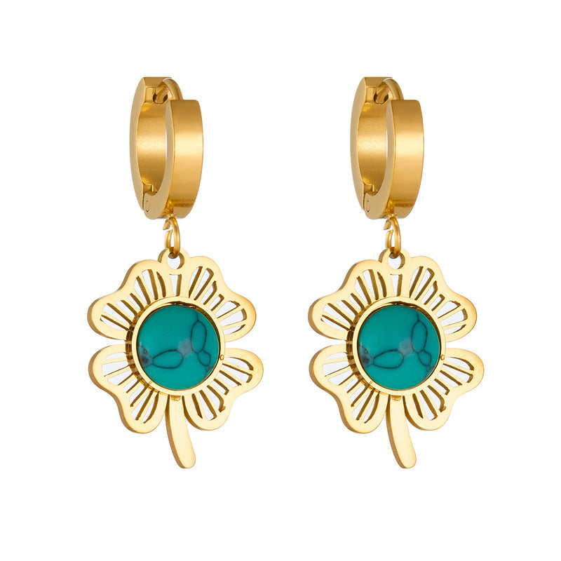 Sivara Gold Turquoise Four-Leaf Flower Pendant Necklace & Earring Set