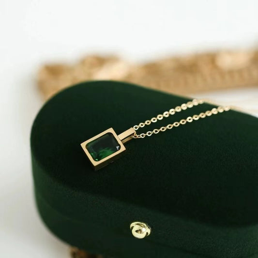 Sivara Fashion Square Green Diamond Necklace – Titanium Steel