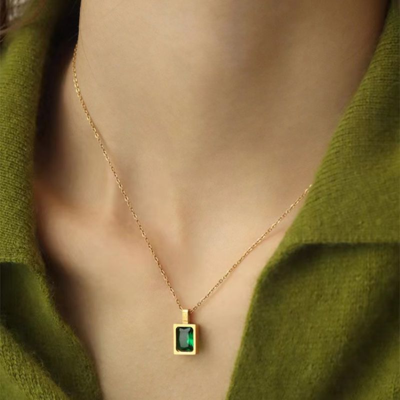 Sivara Fashion Square Green Diamond Necklace – Titanium Steel