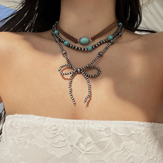Sivara Geometric Beaded Bow Layered Necklace