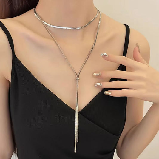 Sivara Gold Titanium Steel Geometric Snake Bone Double Layer Y-Shape Necklace